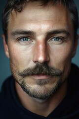 Fototapeta premium cropped portrait of a person with dark hair at the temples, ears visible, goatee and stubble, wearing a dark hoodie against a muted teal background, calm contemplative mood