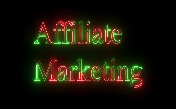 Neon affiliate marketing icon glows with animated text, links, and arrows, symbolizing partnerships, commissions, tracking, growth, influence, performance, and scalable digital revenue worldwide .