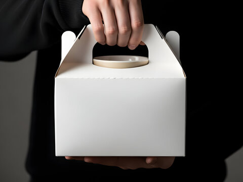 Person holding a blank white take-out or cake box with a handle against a dark background.