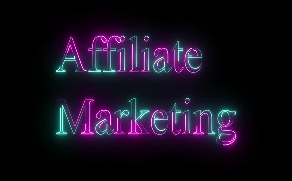 Neon affiliate marketing icon glows with animated text, links, and arrows, symbolizing partnerships, commissions, tracking, growth, influence, performance, and scalable digital revenue worldwide .
