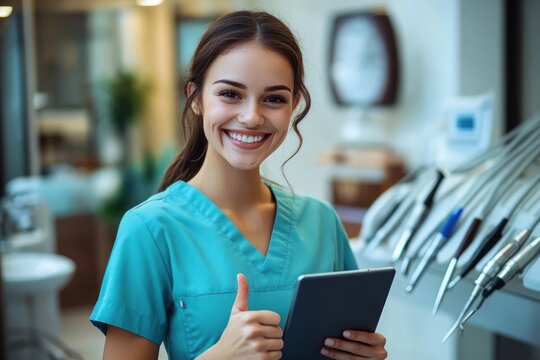 dental professional in teal scrubs holding a tablet and giving a thumbs up in a bright modern dental clinic, confident and reassuring