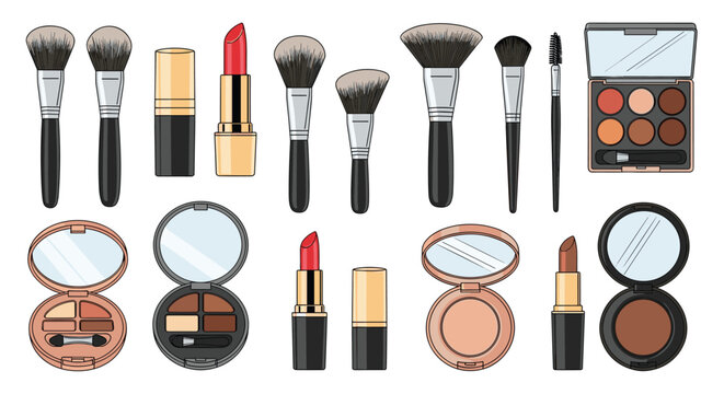 Comprehensive set of realistic makeup and cosmetic products, including lipstick, brushes, powder, and eyeshadow palettes in various shades.