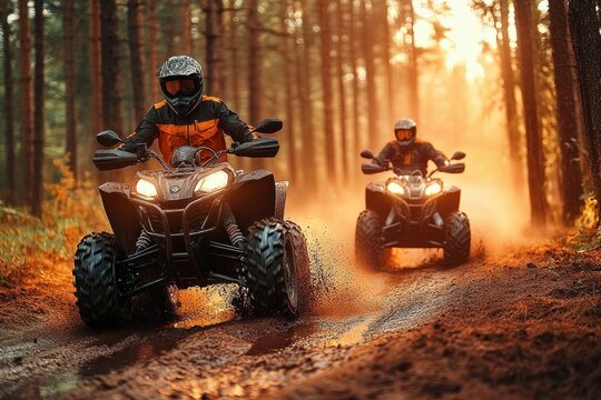 two helmeted riders on all-terrain vehicles tearing through a muddy forest trail at golden sunset, kicking up dust and water in an exhilarating off-road ride