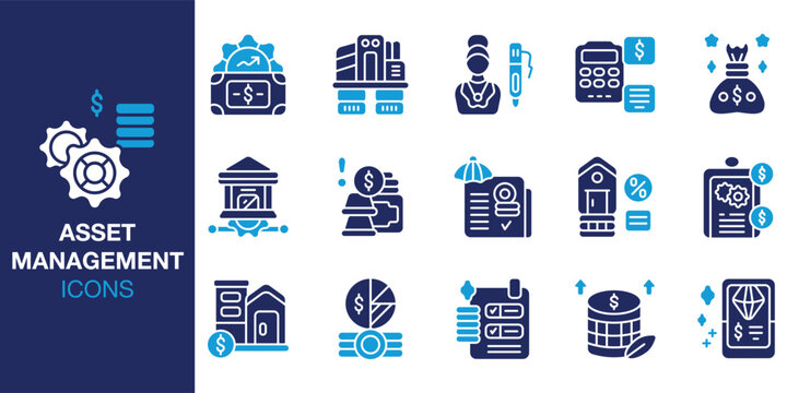 Asset Management Icon set. Containing wealth, property, equity, bond, security, allocation and more. Solid vector icons collection. Vector illustration.