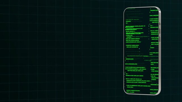 Smartphone screen showing a waterfall of green software code for mobile programming and high tech concepts.