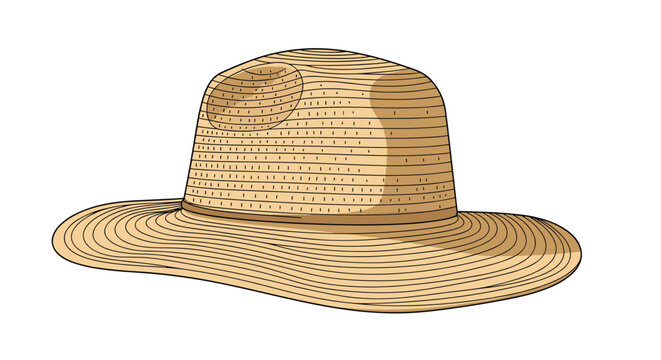 A detailed, hand-drawn illustration of a classic wide-brimmed straw hat, perfect for summer, in a vintage engraved style.