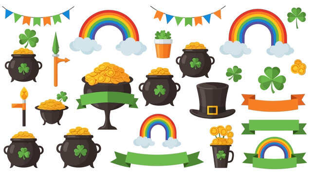 Vibrant St. Patrick's Day celebration elements including rainbow, leprechaun hat, and pot of gold