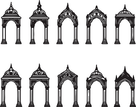 Set of Ornate Islamic Archways in Silhouette architectural element