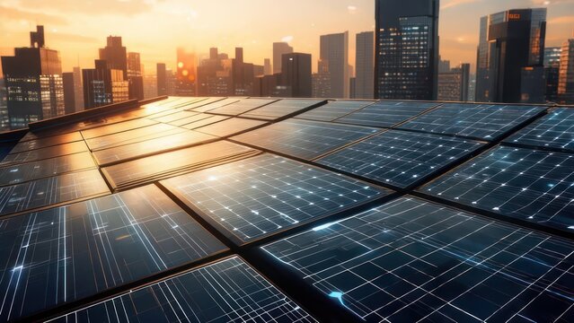 Rooftop solar panels in a modern cityscape at sunrise. Sunlight illuminates city skyscrapers beyond - Powered by Adobe