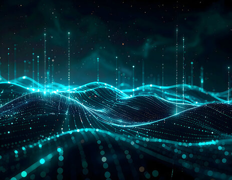 Abstract digital landscape with flowing lines and glowing particles representing data streams and connections transparent background - Powered by Adobe