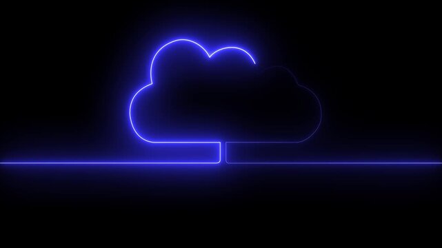 Cloud computing glowing neon Downloading icon. Neon line cloud icon Animated on black background. 4k animation.