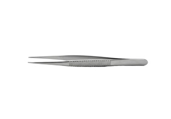 Macro of a pristine surgical stainless steel tweezer with needle-point tips, isolated on a minimalist white background. Concept of scientific precision