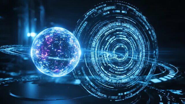 Glowing blue digital sphere with pink accents and concentric circles on a dark background with neon light effects.