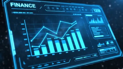 Close-up of a futuristic financial dashboard with glowing blue graphs and charts on a dark background with neon-like lighting. - Powered by Adobe