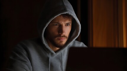 Man in a grey hoodie intensely focused on a laptop screen in a dimly lit room embodying deep concent n and solitary digital engagement late at night