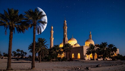 Majestic mosque illuminated under a crescent moon in a serene desert night landscape