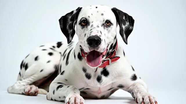 Dalmatian Portrait with Red Collar - A gorgeous Dalmatian dog is lying down, looking towards the left of the frame with a white background. The dog is wearing a vibrant red collar with a silver ring.