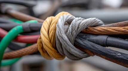 A close up of thick colorful cables and ropes tied in a complex knot suggesting strength and connection