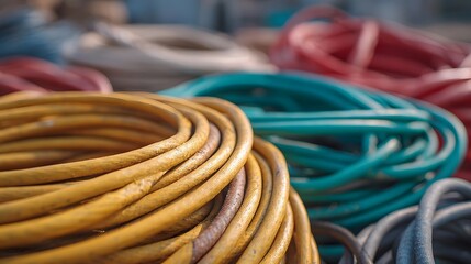 Close up of coiled electrical cables in various vibrant colors piled together in a dusty workshop setting with soft sunlight