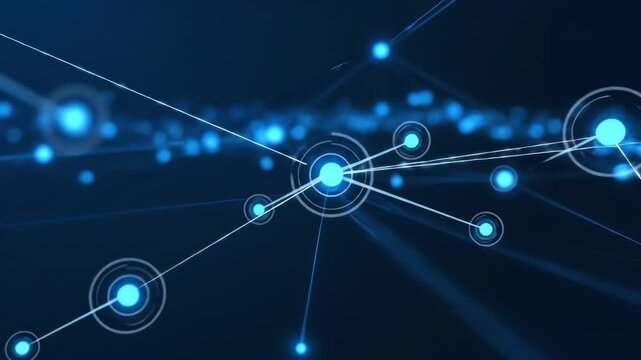 Abstract network visualization with glowing blue nodes and connections on a dark background with a cinematic feel.