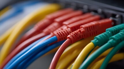 A close up view of colorful network cables including red blue yellow and green plugged into a technology device for connectivity