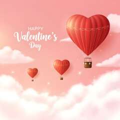 Fototapeta premium Happy valentine's day heart hot air balloons flying in pink sky with white clouds