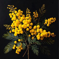 Floral arrangement features vibrant yellow mimosa blossoms and feathery green foliage against a stark black background