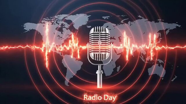 Radio broadcast motion graphic with microphone sound waves and global map expressing world radio day media culture awareness and digital audio communication technology