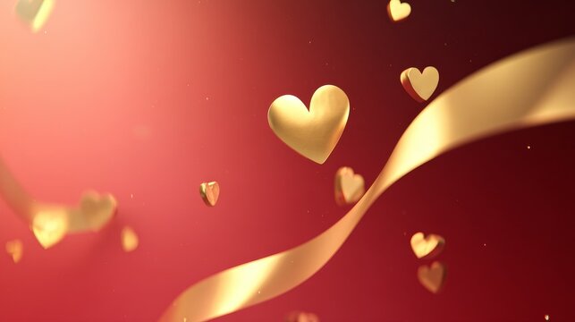 Luxurious Valentine's Day background, metal gold heart and elegant red gradient ribbon dynamic effect, high-end flat vector style, soft halo, minimalist high-end atmosphere and clean white space