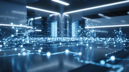 A futuristic network visualization with glowing blue nodes and connections in a dark room with neon lights. - Powered by Adobe