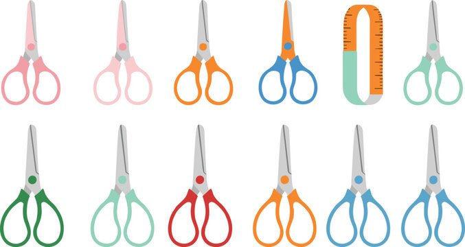 Colorful Scissors Vector Set with Craft, Office, and School Cutting Tools in Flat Style for Education, Stationery, and Design Illustrations