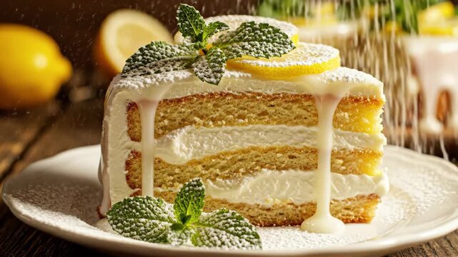 Lemon Layer Cake Being Dusted with Powdered Sugar - A slice of lemon layer cake topped with mint and lemon slices is being dusted with powdered sugar.