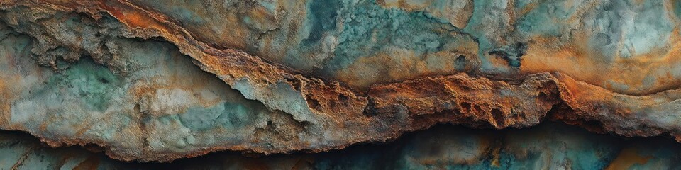 Naklejka premium close-up of layered weathered rock with teal mineral veins and rust orange eroded ridge, dramatic rugged texture and ancient earthy mood