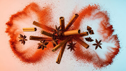 Abstract explosion of cinnamon sticks and star anise with red chili powder swirl, high-speed food photography.
