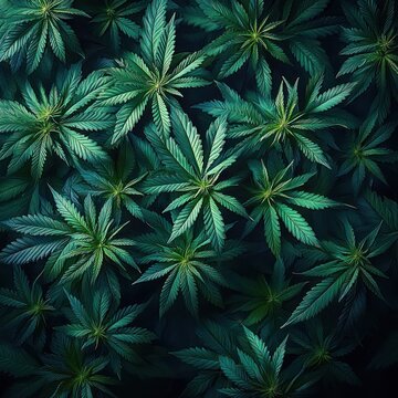 overhead view of overlapping cannabis leaves with serrated star shapes in deep green tones and moody lighting conveying a calm, mysterious, lush botanical scene