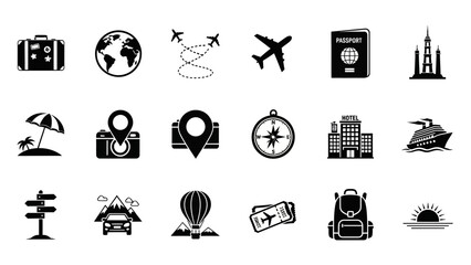 A collection of black and white travel-themed icons representing various aspects of tourism and adventure.