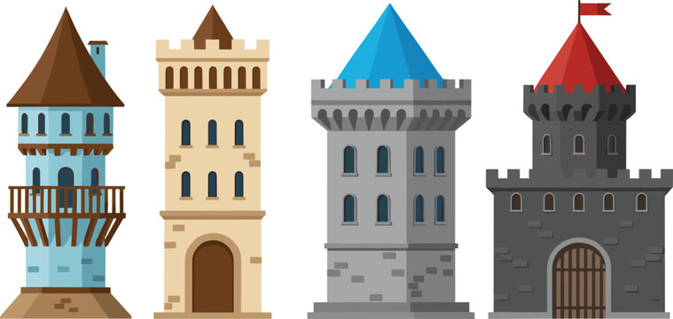 Medieval Castle Tower Vector Set with Fantasy Fortress Architecture, Stone Watchtowers, and Historic Stronghold Buildings for Games and Illustrations