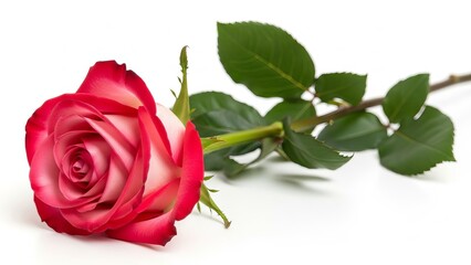 Fototapeta premium Soft Pink Rose Bud with Fresh Green Leaves on White Background Closeup 1