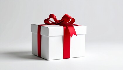 Obraz premium A beautifully wrapped white gift box adorned with a red ribbon on a plain white background