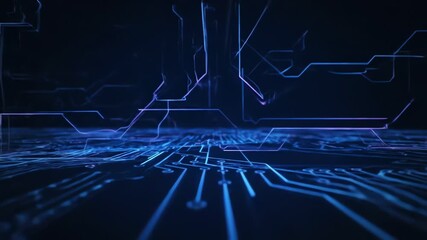 Glowing blue circuit board design with neon-like lines on a dark background, showcasing a futuristic and technological theme with a predominantly blue color scheme. - Powered by Adobe