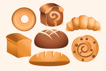Fresh bread and bakery grainy illustration set with croissant, bagel, and buns.