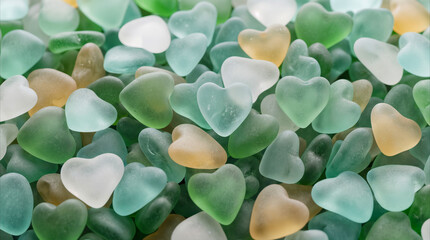 Frosted sea glass heart-shaped stones in shades of green and amber