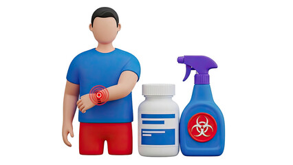 3D illustration of person with wrist pain, medication, and disinfectant spray