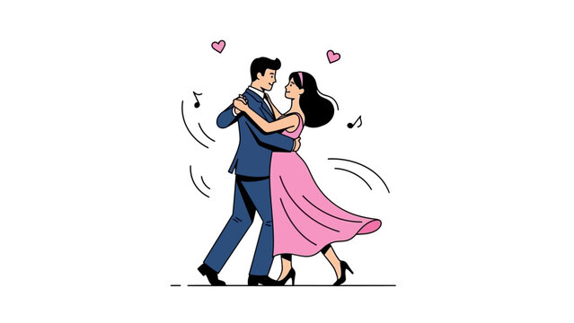 Illustration of a Couple Dancing in Elegant Attire with Musical Notes