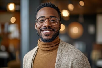 Obraz premium Cozy indoor portrait of a relaxed young man wearing a brown turtleneck and beige cardigan with warm bokeh lights conveying calm confidence