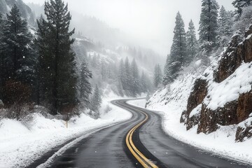 Winding wet mountain road through snow-covered pines and rocky cliffs in foggy winter, quiet and contemplative atmosphere