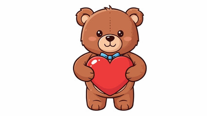 Obraz premium Cute cartoon teddy bear holding a red heart with a blue bow tie.