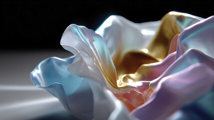 A beautifully folded silk fabric showcasing a combination of shimmering colors, reflecting light in an artistic manner that captures elegance and sophistication.