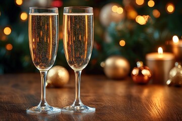 Two filled champagne flutes on wooden surface with blurred festive golden baubles and candle lights in the background creating warm celebratory atmosphere