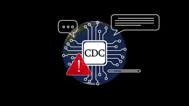 Digital Circuit Board with CDC Chip and Warning Symbol on Black Background technology